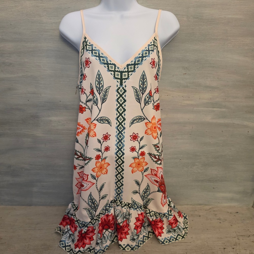 Shein Geometric and Floral Print Vneck Mini Slip Dress w/ Ruffle Hem Medium GC